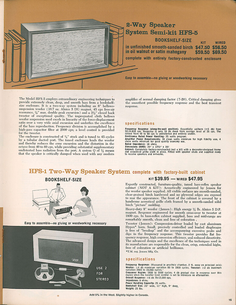 Eico 1961 Catalog, 28 pages > 15. HFS-1 And HFS-5 Bookshelf Speaker Systems.