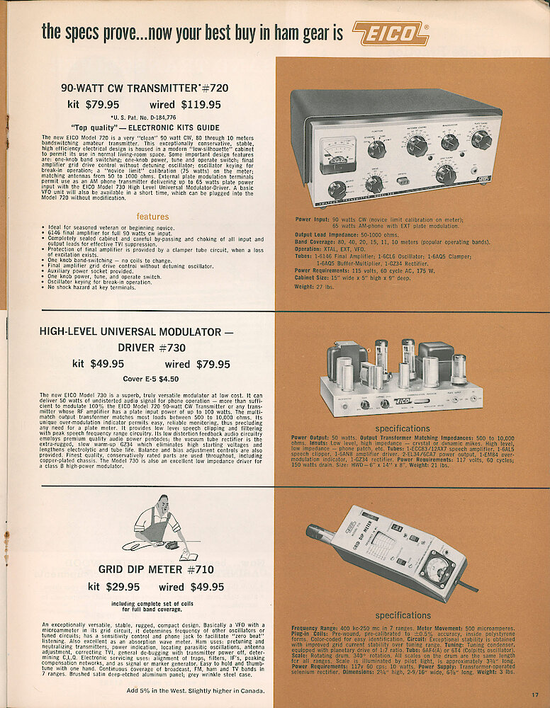 Eico 1961 Catalog, 28 pages > 17. 720 90-watt CW Transmitter, 730 High-level Universal Modulator – Driver, 710 Grip Dip Meter.