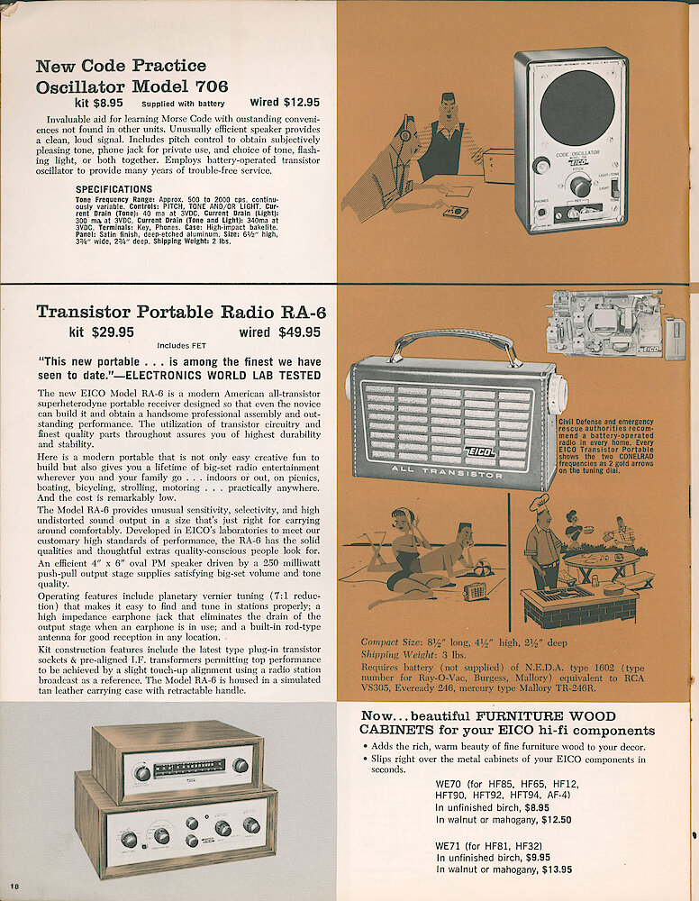 Eico 1961 Catalog, 28 pages > 18. Model 706 Code Practice Oscillator; RA-6 Transistor Portable Radio; Wood Cabinets WE70 For HF-85, HF-65, HF-12, HFT-90, HFT-92, HFT-94, AF-4; WE71 For HF-81 And HF-32. In Unfinished Birch, Finished Walnut Or Mahogany.