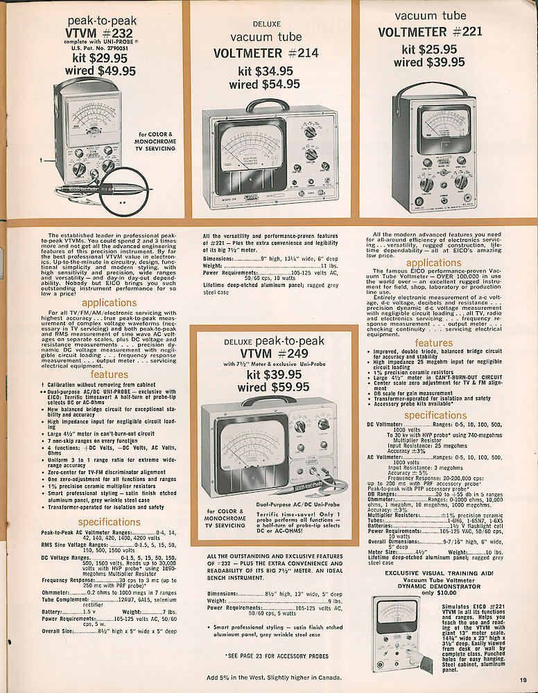 Eico 1961 Catalog, 28 pages > 19. VTVM (vacuum Tube Voltmeter) 232, 214, 221, 249.