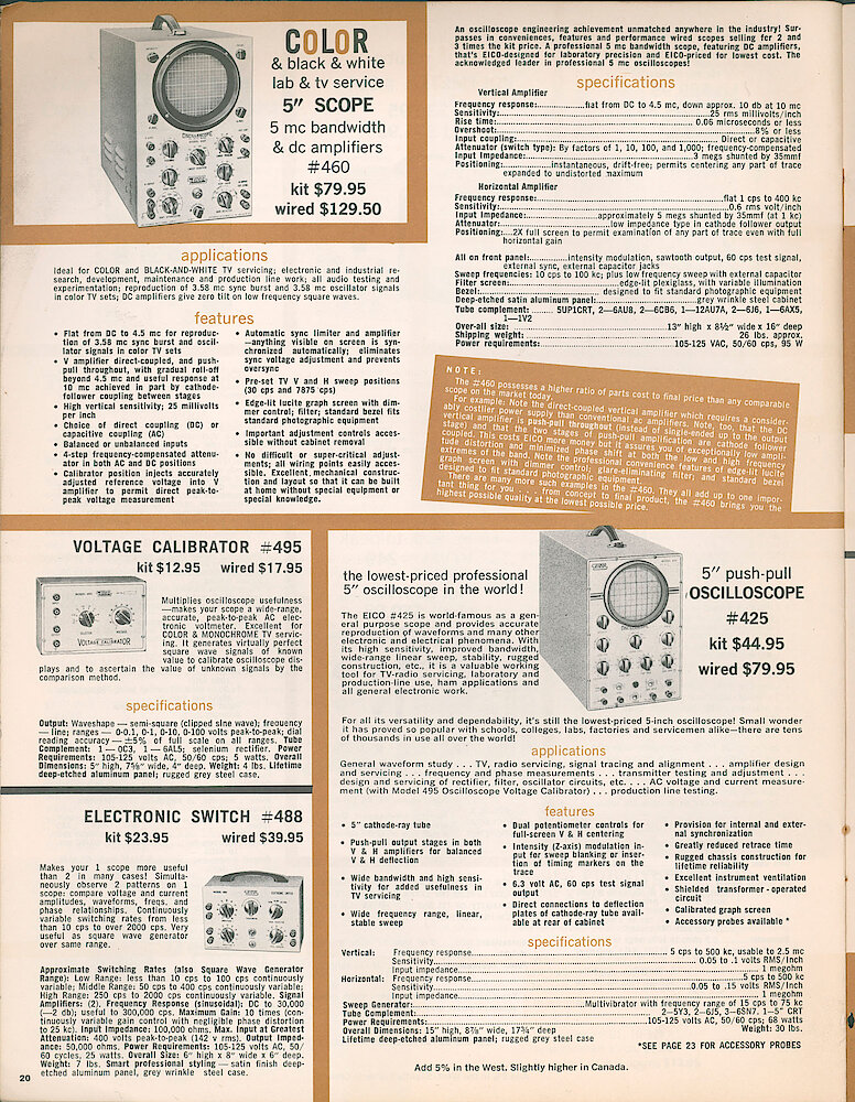 Eico 1961 Catalog, 28 pages > 20. Oscilloscopes 460 And 425, Voltage Calibrator 495, Electronic Switch 488.