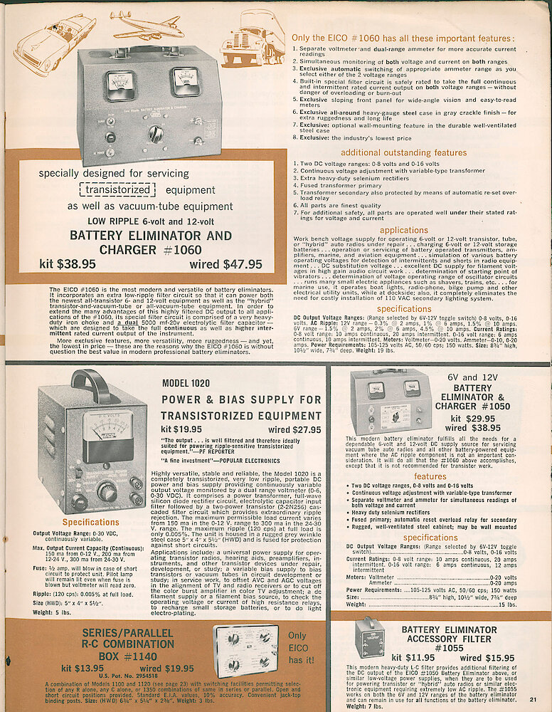 Eico 1961 Catalog, 28 pages > 21. Battery Eliminator And Charger 1060 And 1050, Power & Bias Supply For Transistor Equipment 1020, Series/parallel R-C Combination Box 1140, Battery Eliminator Accessory Filter 1055.