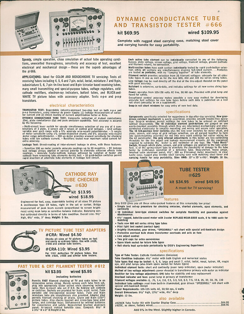 Eico 1961 Catalog, 28 pages > 22. Tube Testers 666 And 625, Cathode Ray Tube Checker 630, Picture Tube Test Adapter CRA, Fast Tube And CRT Filament Tester 612.