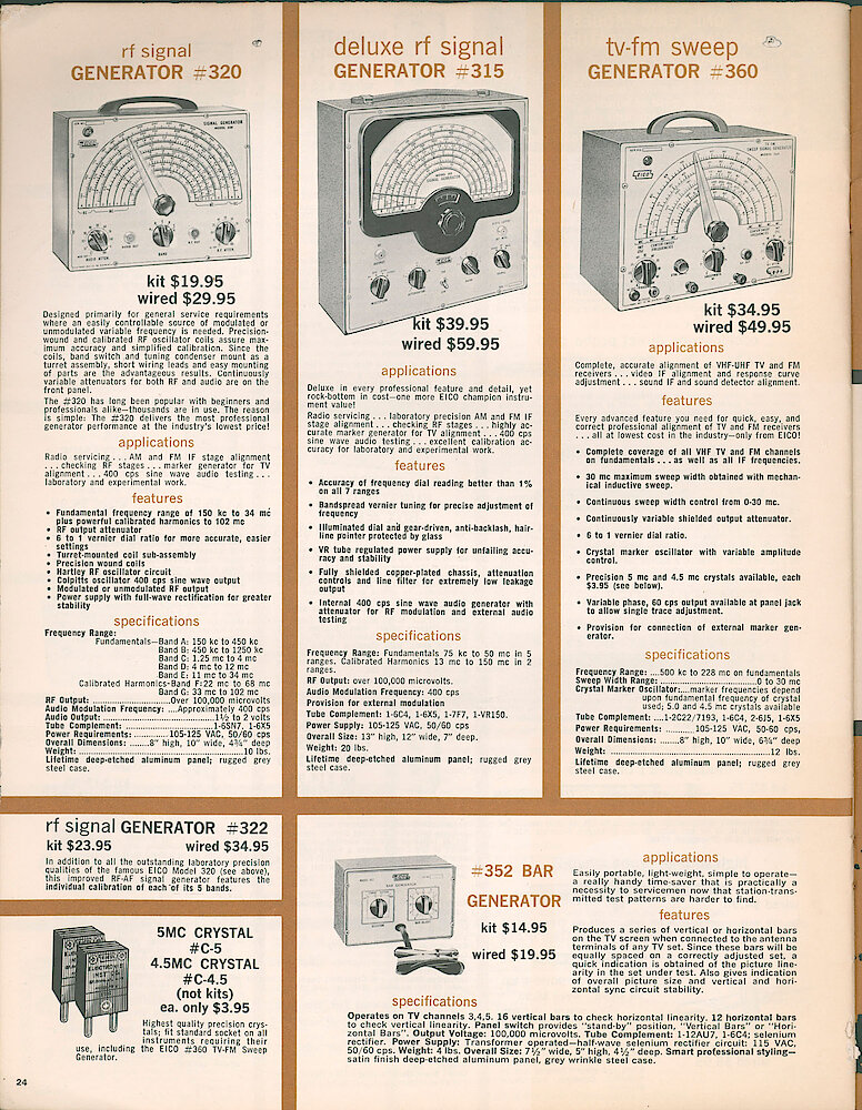 Eico 1961 Catalog, 28 pages > 24. RF Signal Generators 320and 315, TV-FM Sweep Generator 360, RF Signal Generator 322, Bar Generator 352.