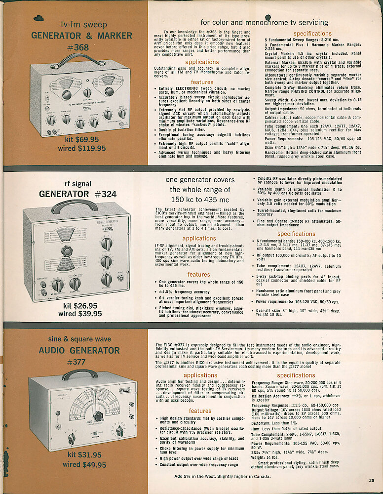 Eico 1961 Catalog, 28 pages > 25. TV-FM Sweep And Marker Generator, RF Signal Gererator 324, Audio Generator 377.