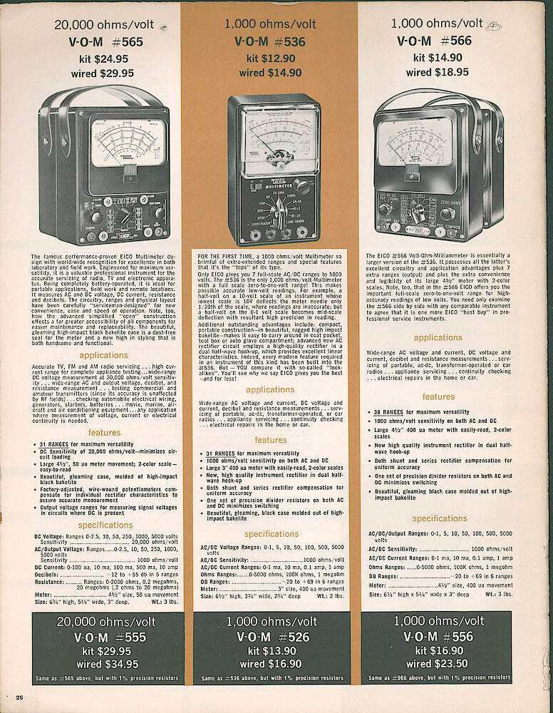 Eico 1961 Catalog, 28 pages > 26. V-O-M (volt Ohm Meter) 565, 536, 566,