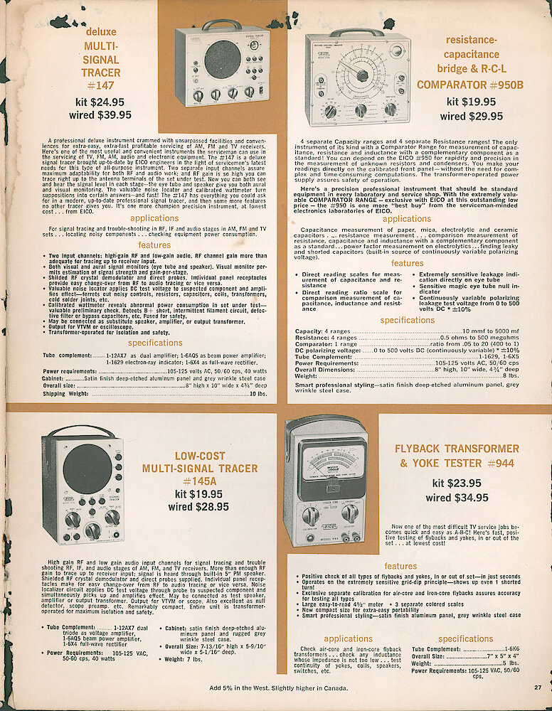 Eico 1961 Catalog, 28 pages > 27. Signal Traders 147 And 145A, Resistance-capacitance Bridge And R-C-L Comparator 950B, Flyback Transformer And Yoke Tester 944.