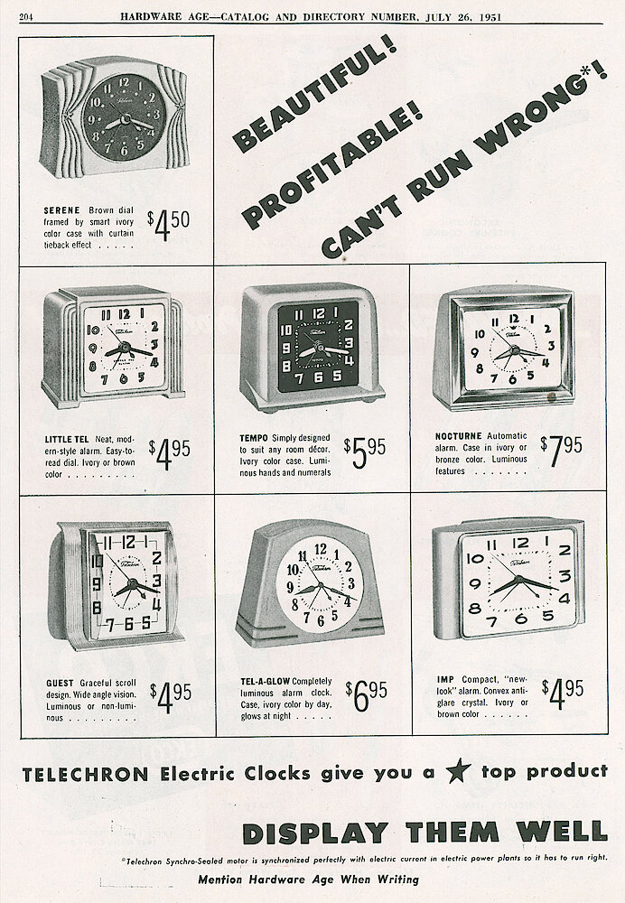 Hardware Age 1951 > 204. Serene, Little Tel, Tempo, Nocturne, Guest, Tel-A-Glow, Imp.