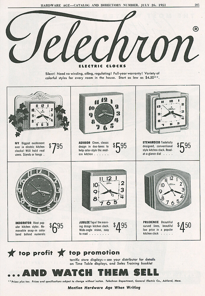 Hardware Age 1951 > 205. Ivy, Advisor, Stewardess, Decorator, Jubilee, Prudence.