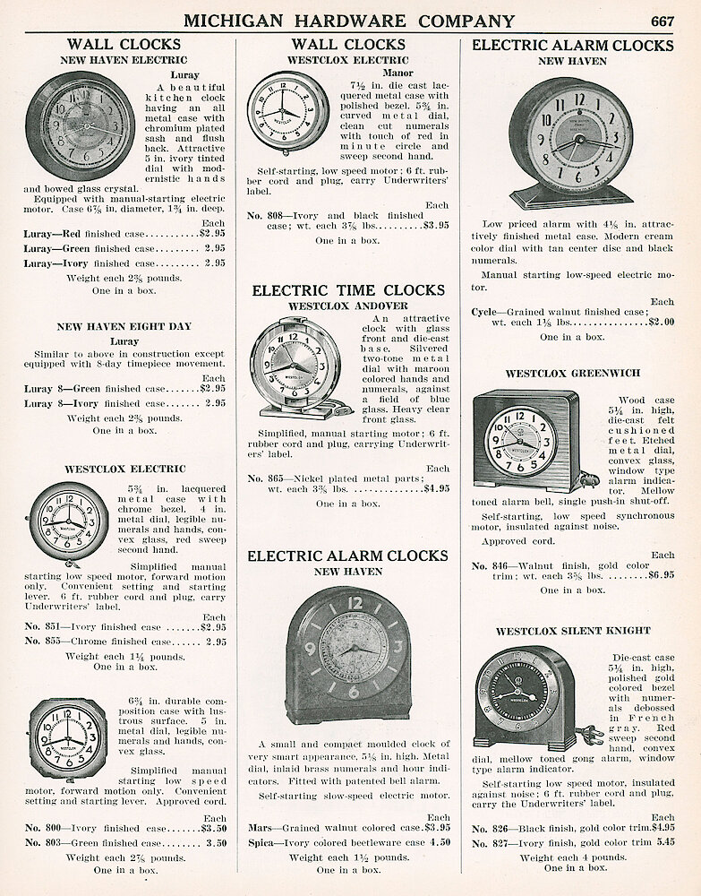 Michigan Hardware 1938 > 667. Westclox Round Electric Wall Clock, Square With Rounded Corners Electric Wall Clock, Manor, Andover, Greenwich, Silent Knight. New Haven Electric Wall Clock And Two Alarm Clocks.