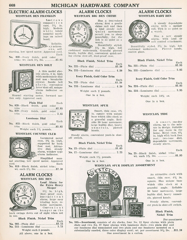 Michigan Hardware 1938 > 668. Westclox Electric Alarms Ben Franklin, Ben Bolt, Country Club, Big Ben Style 4 Loud Alarm, Big Ben Style 4 Chime Alarm, Spur, Baby Ben Style 4, Tide, Spur Display Assortment.