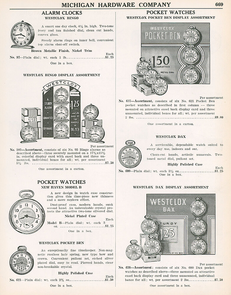 Michigan Hardware 1938 > 669. Westclox Bingo Alarm, Bingo Display Assortment, Pocket Ben, Pocket Ben Display Assortment, Dax, Dax Display Assirtment, New Haven Model B Pocket Watch.