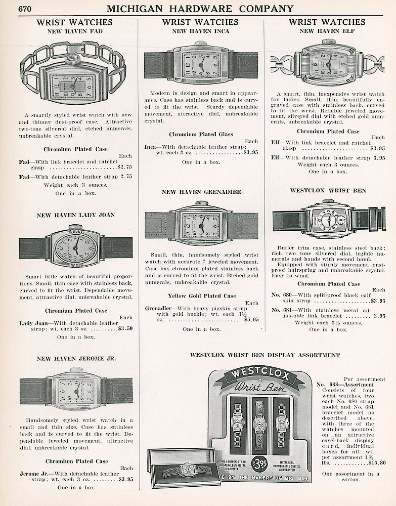 Michigan Hardware 1938 > 670. Westclox Wrist Ben Style 1 And Wrist Ben Display. New Haven Wrist Watches Fad, Lady Joan, Herome Jr., Inca, Greenadier And Elf.