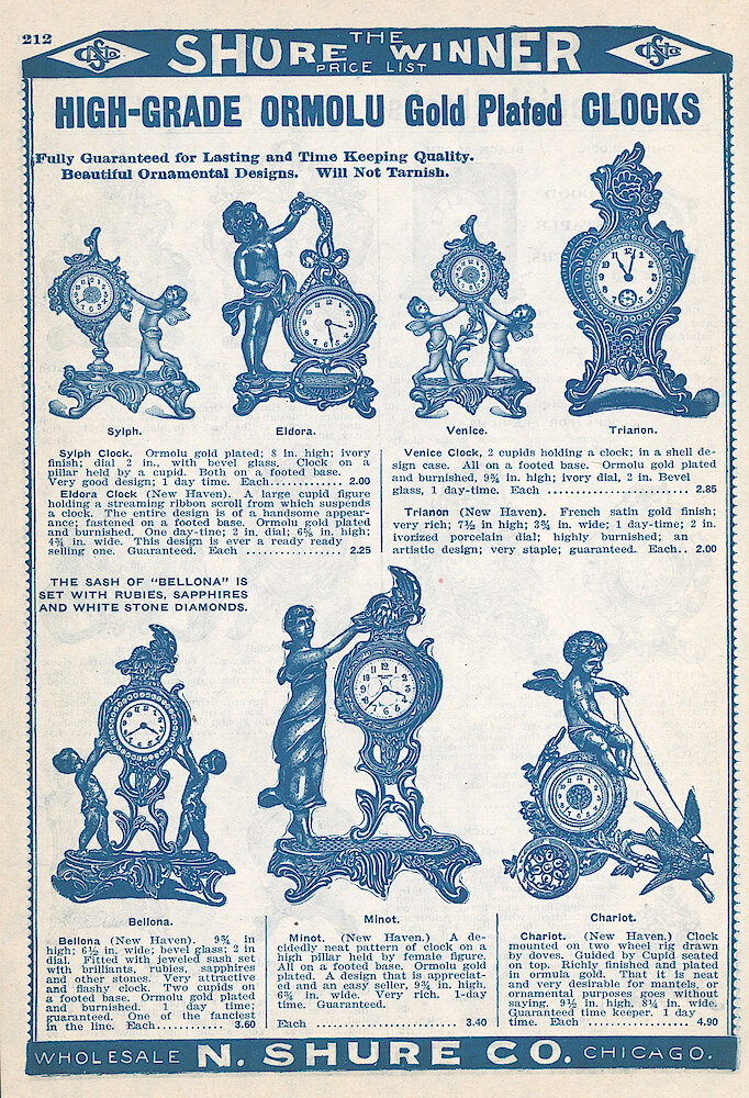 N. Shure Co. 1907 Catalog > 212. Westclox Clocks Sylph, Venice; New Haven Clocks Eldora, Trianon, Bellona, Minot And Chariot.