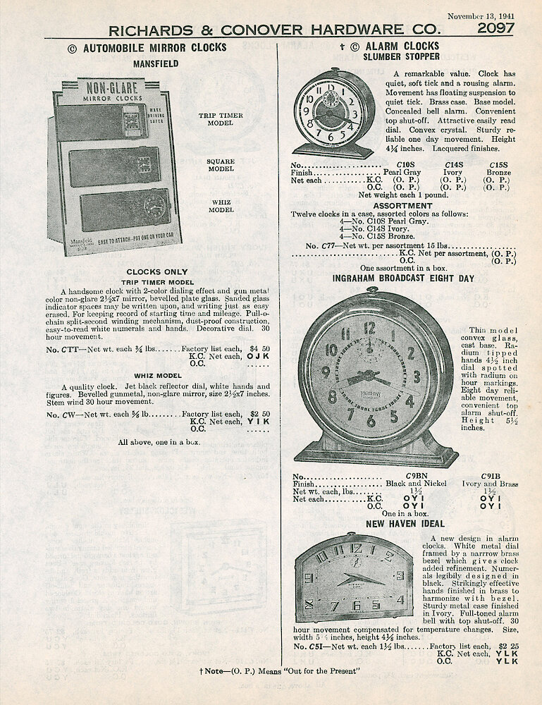 Richards & Conover Hardware Catalog 1941 > 2097. Mansfield Automobile Mirror Clocks, Slumber Stopper Alarm, Ingraham Broadcast Alarm, New Haven "Ideal".