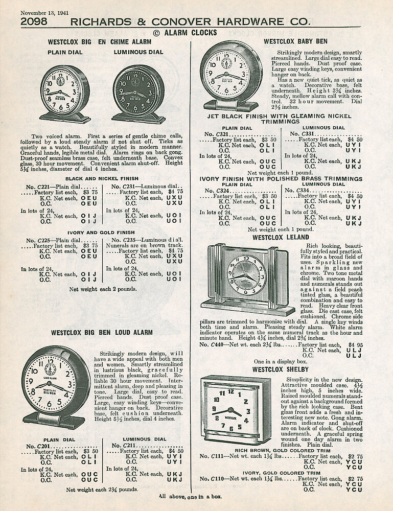 Richards & Conover Hardware Catalog 1941 > 2098. Westclox Clocks: Big Ben Style 4 Chime Alarm, Big Ben Style 5 Loud Alarm, Baby Ben Style 5, Leland, Shelby.