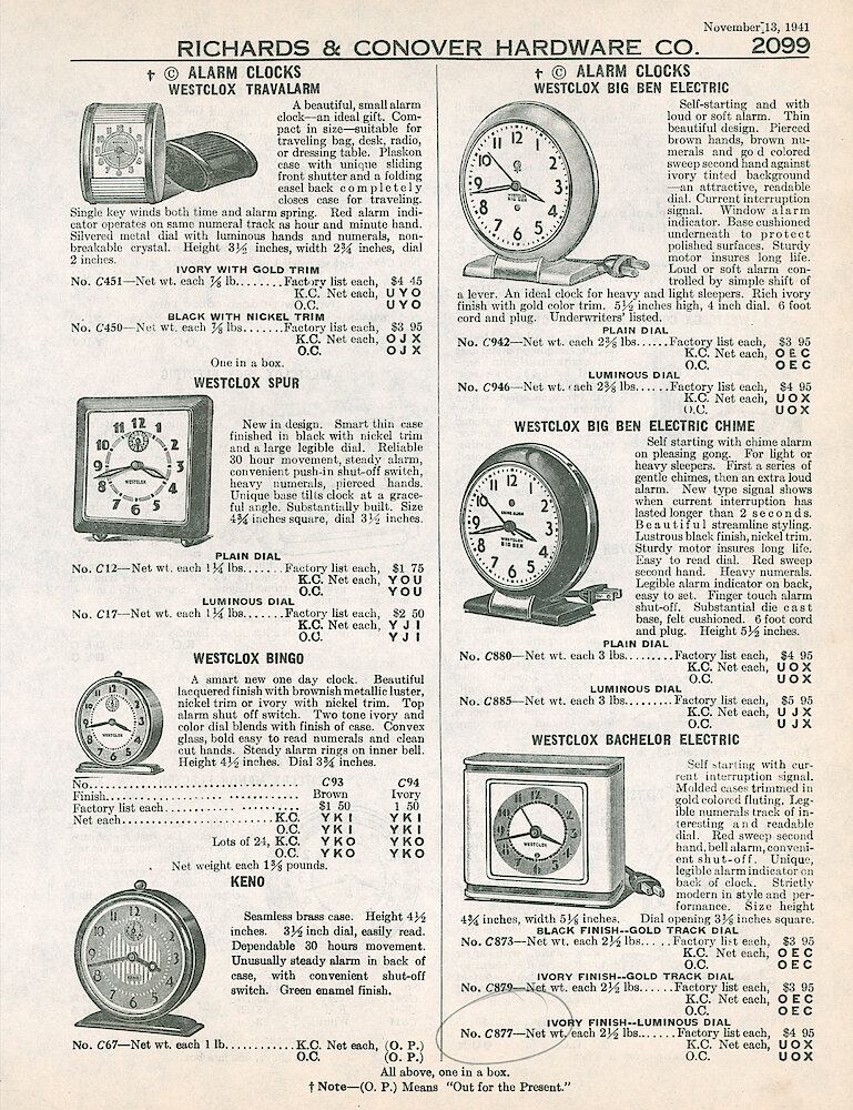 Richards & Conover Hardware Catalog 1941 > 2099. Westclox Clocks: Travalarm, Spur, Bingo, Keno, Big Ben Style 5 Electric, Big Ben Style 5a Electric Chime, Bachelor.