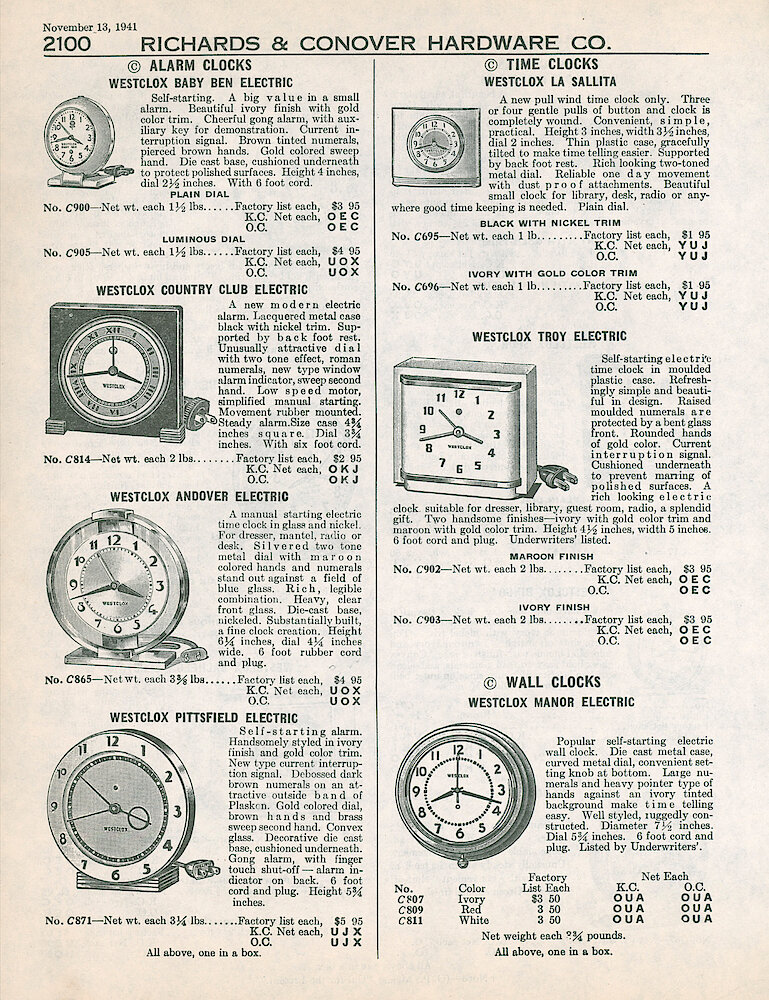 Richards & Conover Hardware Catalog 1941 > 2100. Westclox Clocks: Baby Ben Style 5 Electric, Country Club Electric, Andover, Pittsfield, La Sallita Pull Wind, Troy Electric, Manor Electric Wall Clock.