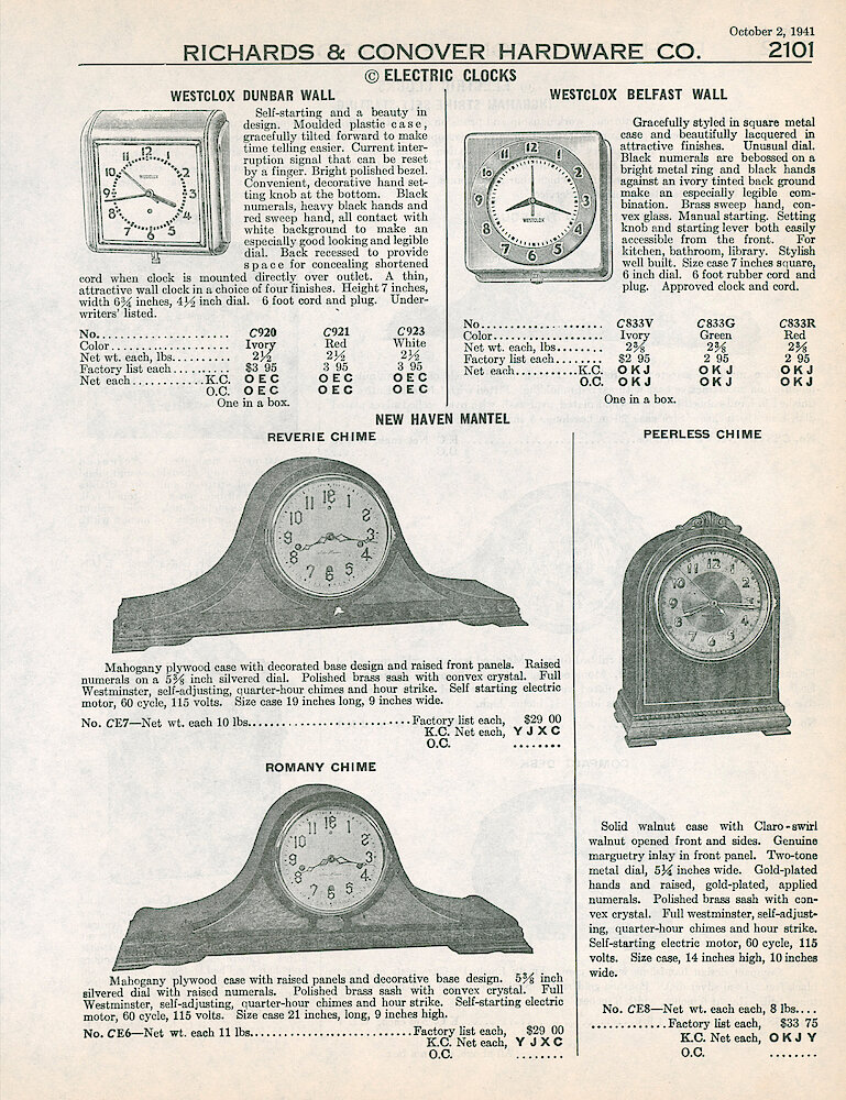 Richards & Conover Hardware Catalog 1941 > 2101. Westclox Clocks: Dunbar Electric Wall, Belfast Electric Wall; New Haven Electric Mantel Clocks Reverie Chime, Romany Chime, Peerless Chime.