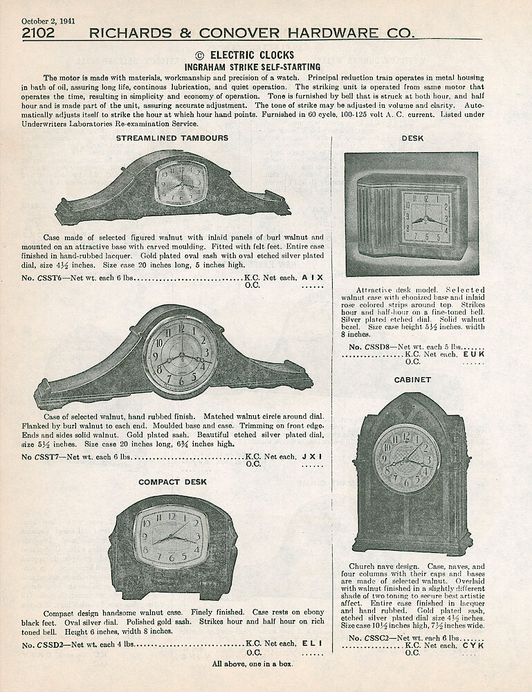 Richards & Conover Hardware Catalog 1941 > 2102. Ingraham Electric Strike Clocks: Two "Streamlined Tambours, Compact Desk, Desk, Cabinet.