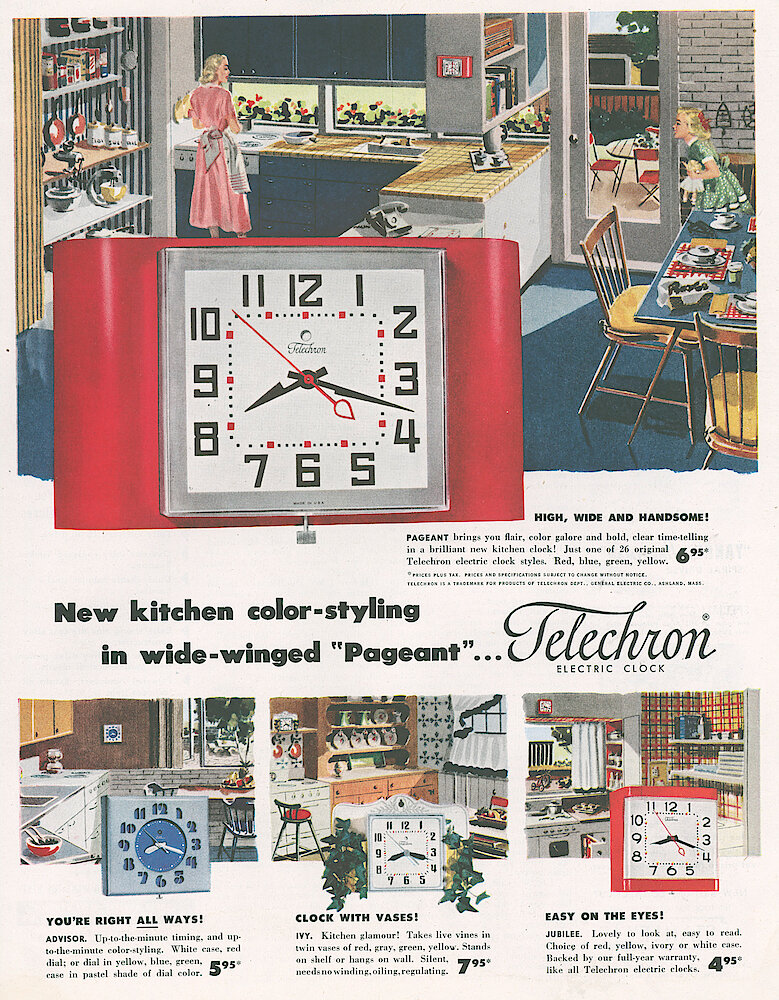 April 19, 1952 Saturday Evening Post, p. 191. Pageant, Advisor, Clock With Vases, Jubilee Electric Wall Clocks.