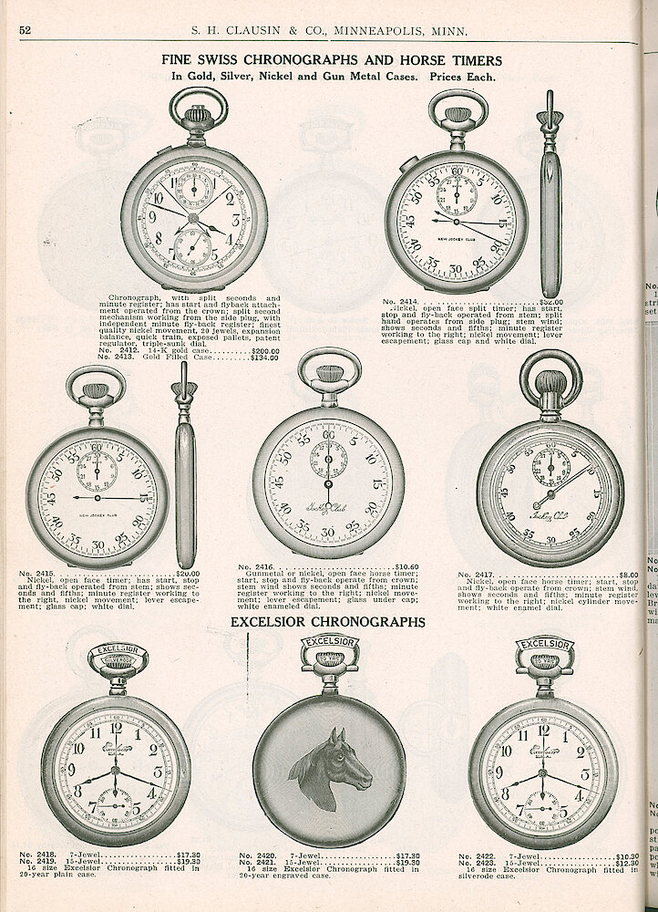 S. H. Clausin & Co. 1917 Catalog > 52. Fine Swiss Chronographs And Horse Timers.