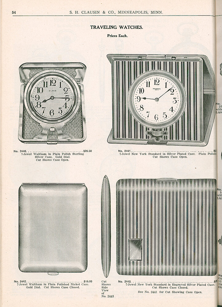 S. H. Clausin & Co. 1917 Catalog > 54. Traveling Watches. New York Standard, Waltham (one Says Elgin On Dial But Waltham In Text.