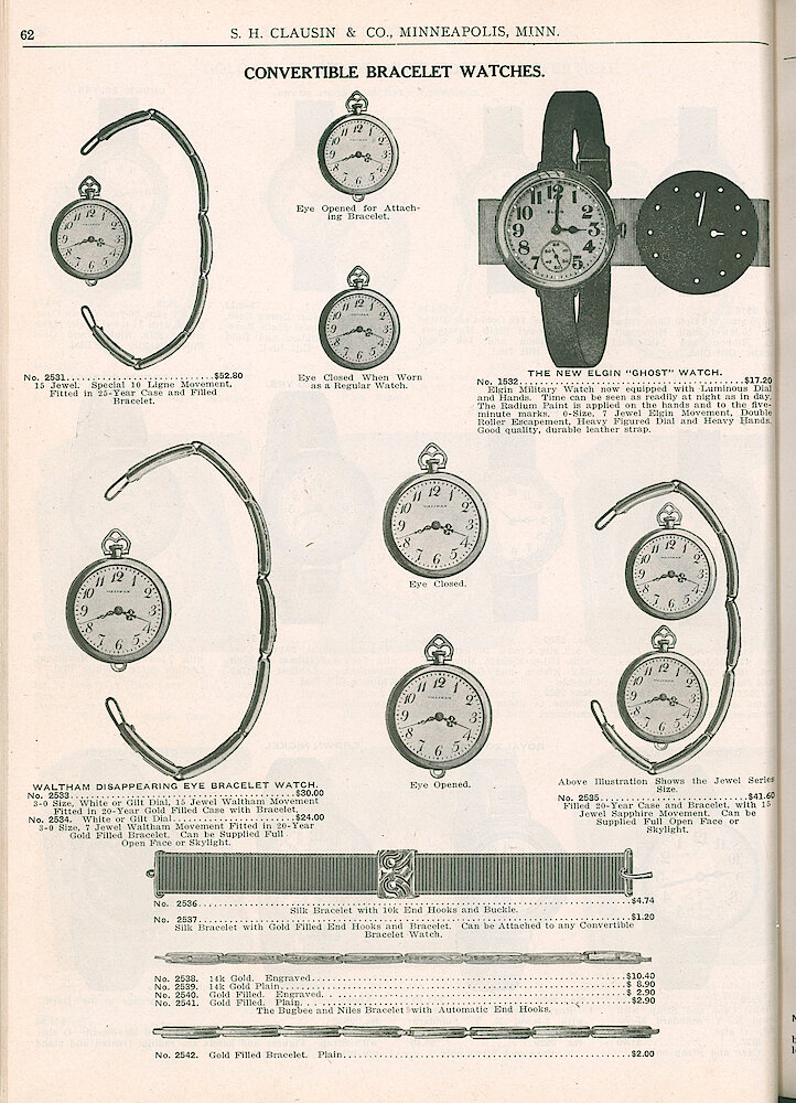 S. H. Clausin & Co. 1917 Catalog > 62. Convertible Bracelet Watches. The New Elgin "Ghost" Watch. Waltham Disappearing Bracelet Watch.