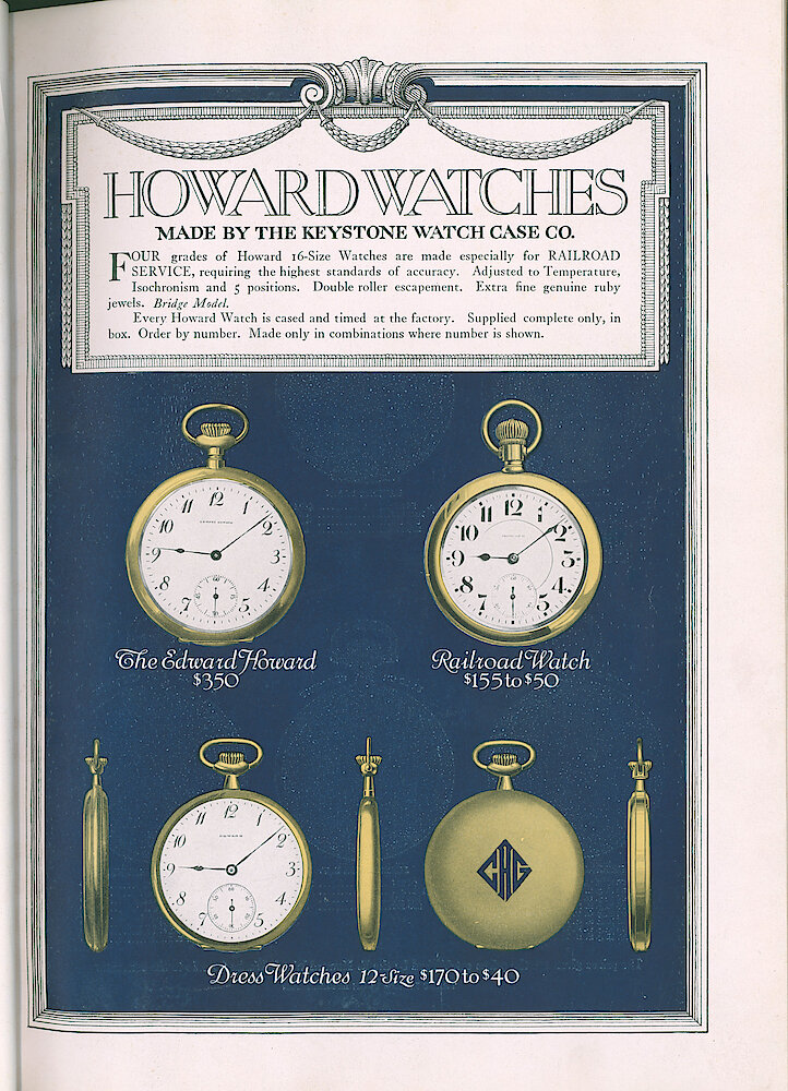 S. H. Clausin & Co. 1917 Catalog > 64-2-Howard-1. The Edward Howard $350, Railroad Watch $155 To $50, Dress Watches $170 To $40.