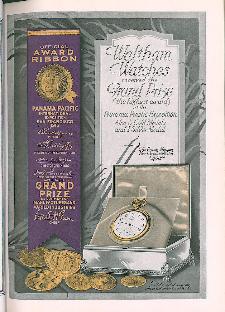 S. H. Clausin & Co. 1917 Catalog > 64-3-Waltham-1. Prizes Awarded. The Premier Maximus Kew Certificate Watch $400.