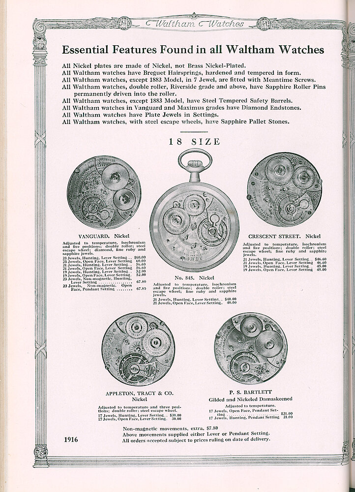 S. H. Clausin & Co. 1917 Catalog > 64-3-Waltham-2. Essential Features Found In All Waltham Watches. 18-size Movements Vanguard, No. 845, Crescent Street, Appleton, Tracy & Co., P. S. Bartlett.