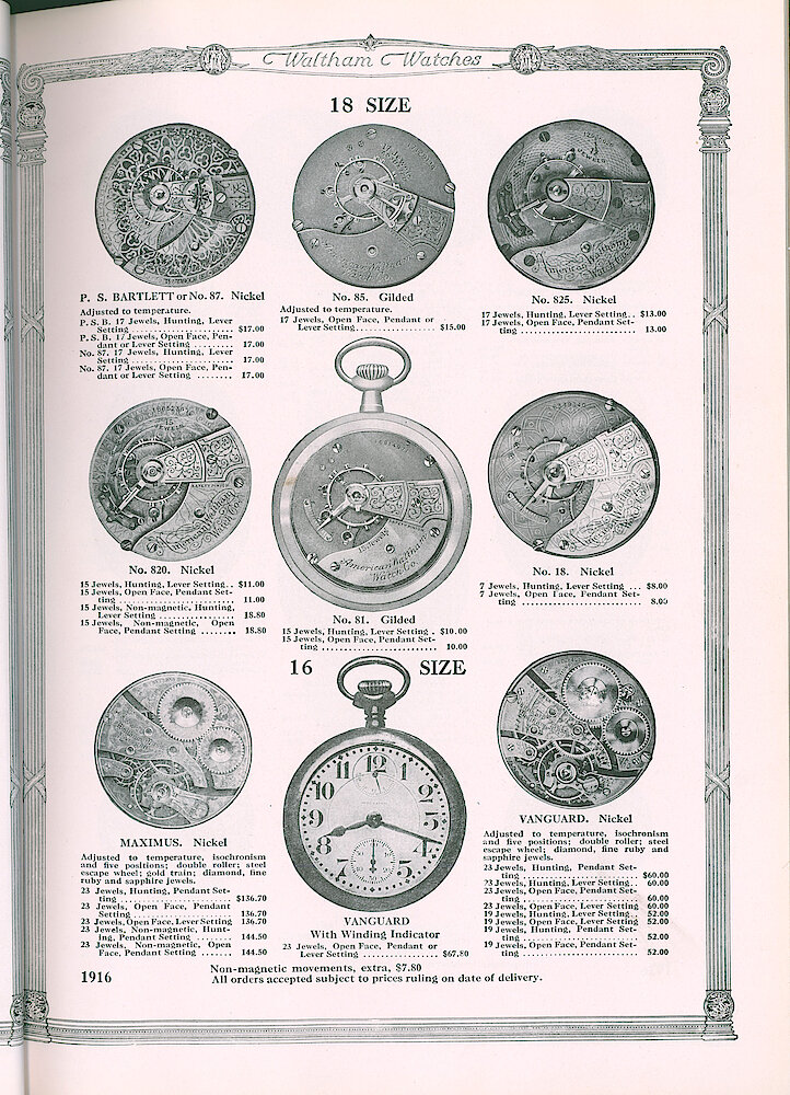 S. H. Clausin & Co. 1917 Catalog > 64-3-Waltham-3. 18-size Watch Movements P. S. Bartlett, No. 85, No. 825, No. 820, No. 81. No. 18; 16-size Maximus, Vanguard.