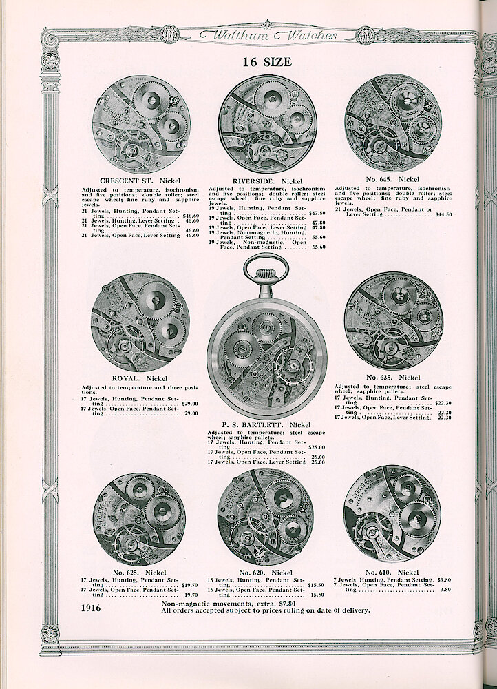 S. H. Clausin & Co. 1917 Catalog > 64-3-Waltham-4. 16-size Watch Movements Crescent Street, Riverside, No. 645, Royal, P. S. Bartlett, No 635, No. 625, No. 620, No. 610.