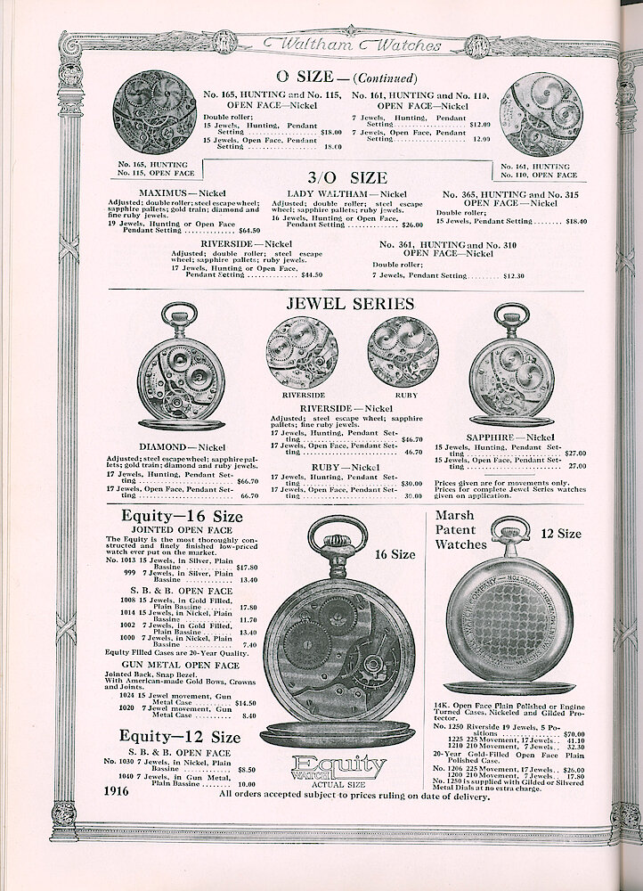 S. H. Clausin & Co. 1917 Catalog > 64-3-Waltham-6. 0-size Watch Movements No. 165, 115, 161, 110; 3/0-size Watch Movements Maximus, Riverside, Lady Waltham, No. 365, 315, 361, 310; Jewel Series Diamond, Riverside, Ruby, Sapphire; Equity 16-size, Marsh Patent Watches 12-size.