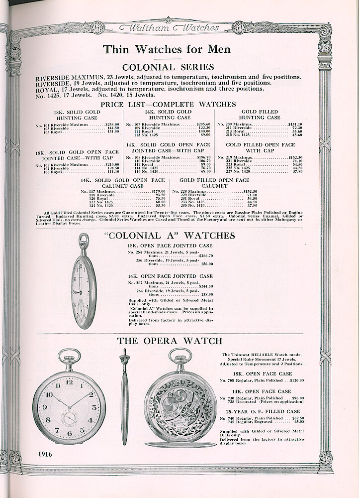 S. H. Clausin & Co. 1917 Catalog > 64-3-Waltham-7. Thin Watches For Men – Colonial Series, Colonial A Watches, The Opera Watch.