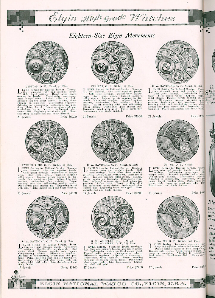 S. H. Clausin & Co. 1917 Catalog > 64-4-Elgin-2. 18-size Elgin Watch Movements Veritas, B. W. Raymond, Father Time,No. 349, G. M. Wheeler, No. 379.