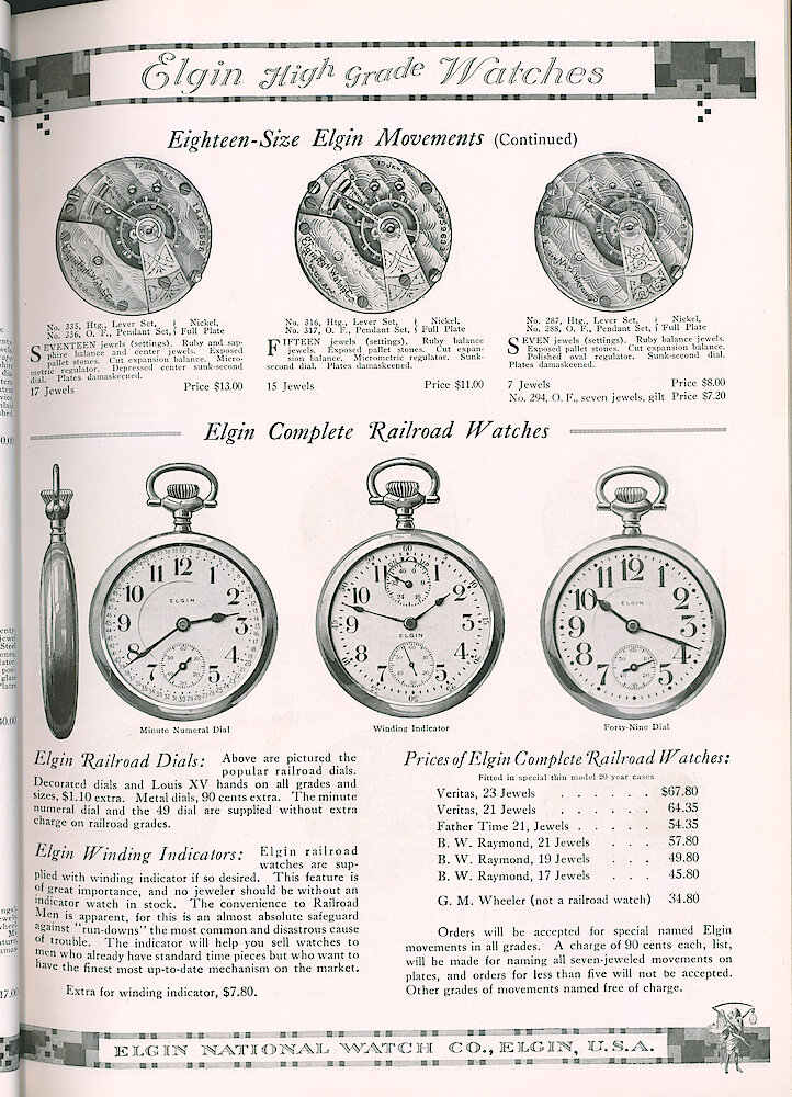 S. H. Clausin & Co. 1917 Catalog > 64-4-Elgin-3. Elgin 18-size Watch Movements No. 335, 336, 316, 317, 287, 288. Elgin Complete Railroad Watches Veritas 23-jewel, Veritas 21-jewel, Father Time 21-jewel, B. W. Raymond 21, 19 And 17-jewels. Winding Indicator $7.80 Extra.