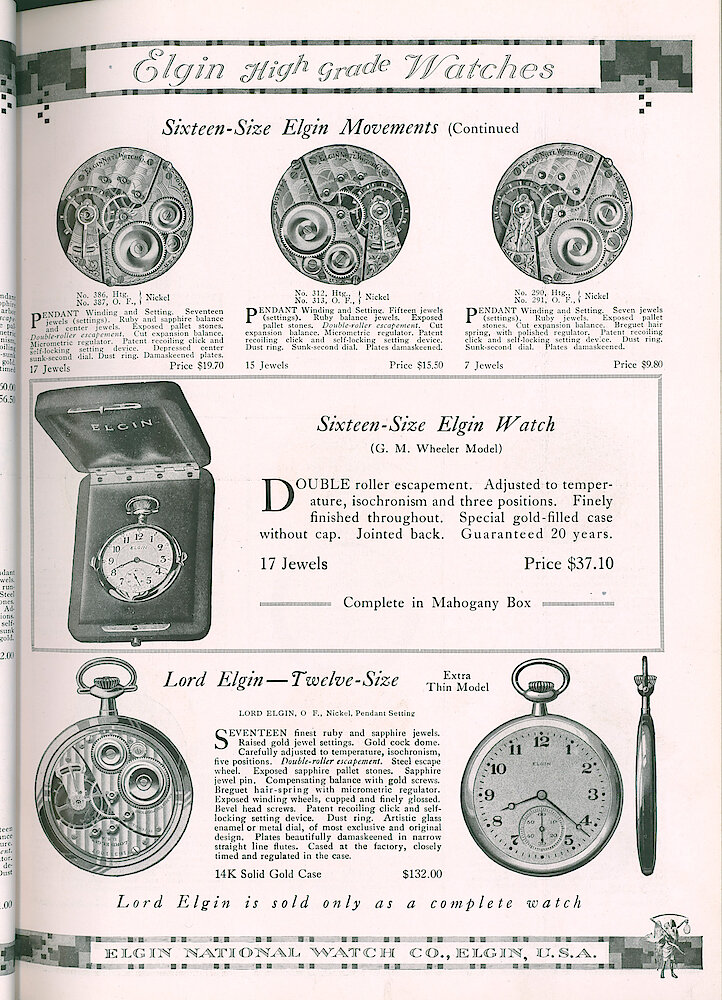 S. H. Clausin & Co. 1917 Catalog > 64-4-Elgin-5. Elgin 16-size Watch Movements No. 386, 387, 312, 313, 290, 291. 16-size Elgin Complete Watch, G. M. Wheeler. Lord Elgin 12-size Watch I M14K Solid Gold Case.