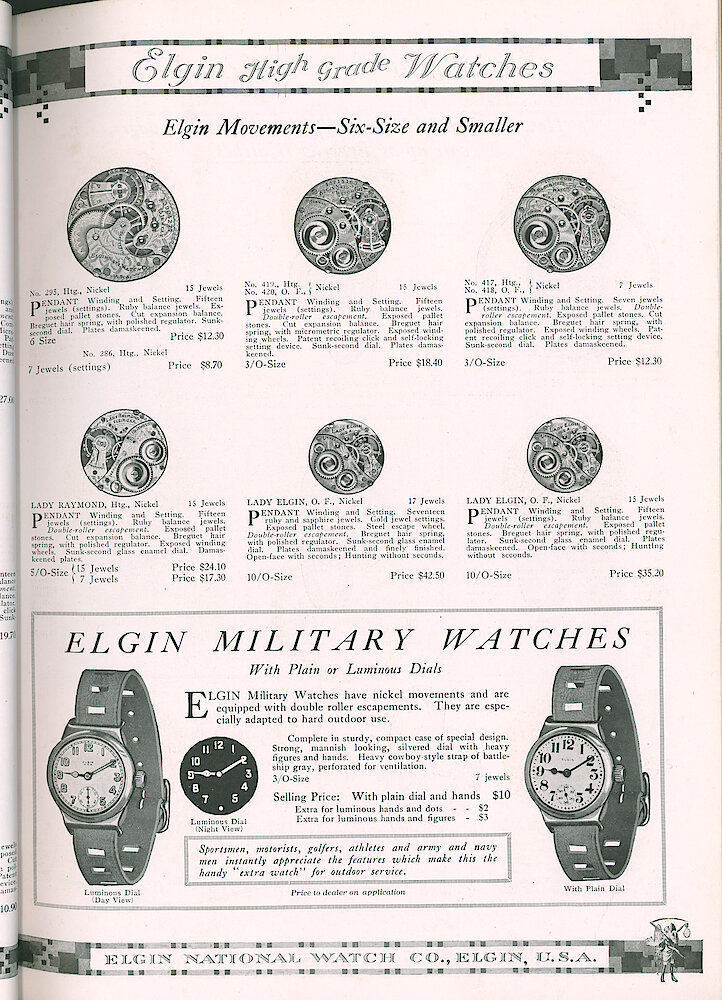 S. H. Clausin & Co. 1917 Catalog > 64-4-Elgin-7. Elgin Watch Movements: 6 Size No. 295,; 3/0-size No. 419, 420, 417, 418; 5/0-soze Lady Raymond; 10&039;0 Size Lady Elgin 17 And 15-jewel. Elgin Military Wrist Watches, Plain Or Luminous Dial, 3/0-size Movement.