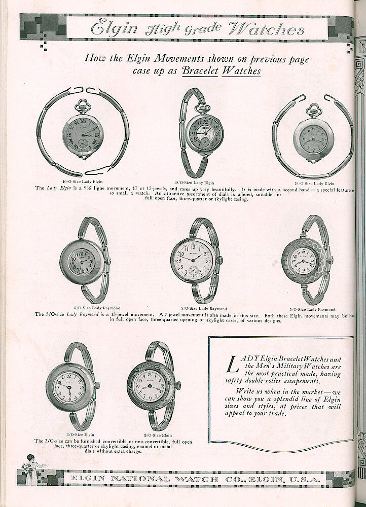 S. H. Clausin & Co. 1917 Catalog > 64-4-Elgin-8. Lady Elgin And Lady Raymond Bracelet Watches, 10/0-size, 5/0-size And 3/0-size. Lady Elgin Bracelet Watches And The Men&039;s Military Watches Are The Most Practical Made, Having Safety Double-roller Escapements. Write Us When In The Market–wwe Can Show You A Splendid Line Of Elgin Sizes And Styles, ... 