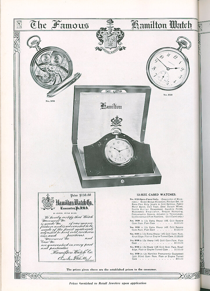 S. H. Clausin & Co. 1917 Catalog > 64-5-Hamilton-2. Hamilton 12-size Cased Watches. No. 920 Movement.