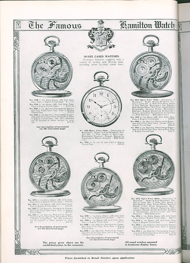 S. H. Clausin & Co. 1917 Catalog > 64-5-Hamilton-4. Hamilton 16-size Cased Watches. No. 950, 956, 994,952, 990, 954.