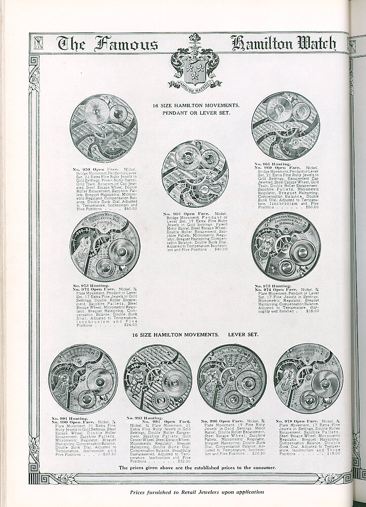 S. H. Clausin & Co. 1917 Catalog > 64-5-Hamilton-6. Hamilton 16-size Watch Movements 950, 952, 960, 961, 972, 973, 974, 975, 990, 991, 993, 996, 978.