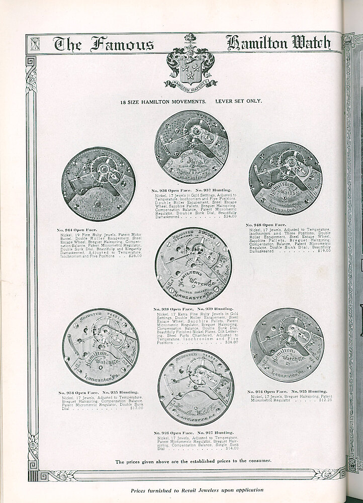 S. H. Clausin & Co. 1917 Catalog > 64-5-Hamilton-8. Hamilton 18-size Watch Movements, Lever Set Only, No. 944, 936, 948, 938, 934, 926, 924.