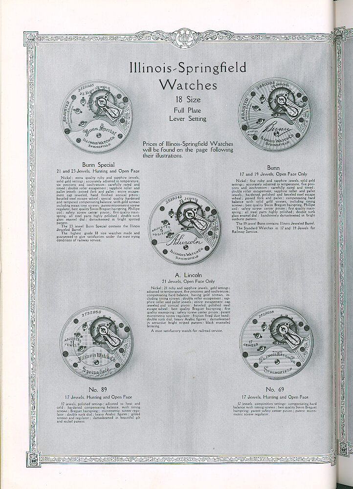S. H. Clausin & Co. 1917 Catalog > 64-6-Illinois-2. Illinois-Springfield 18-size Watch Movements, Full Plate, Lever Setting: Bunn Special, Bunn, A. Lincoln, No. 89, No. 69.