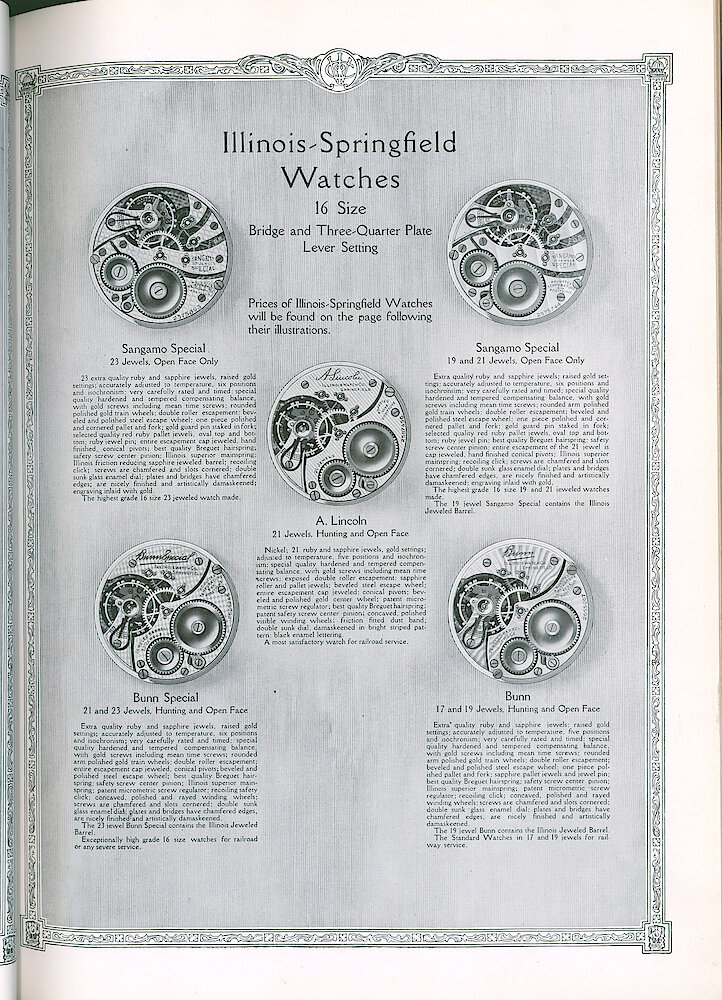 S. H. Clausin & Co. 1917 Catalog > 64-6-Illinois-3. Illinois-Springfield 16-size Watch Movements, Bridge And Three-quarter Plate, Lever Setting: Sangamo Special, A. Lincoln, Bunn Special, Bunn.