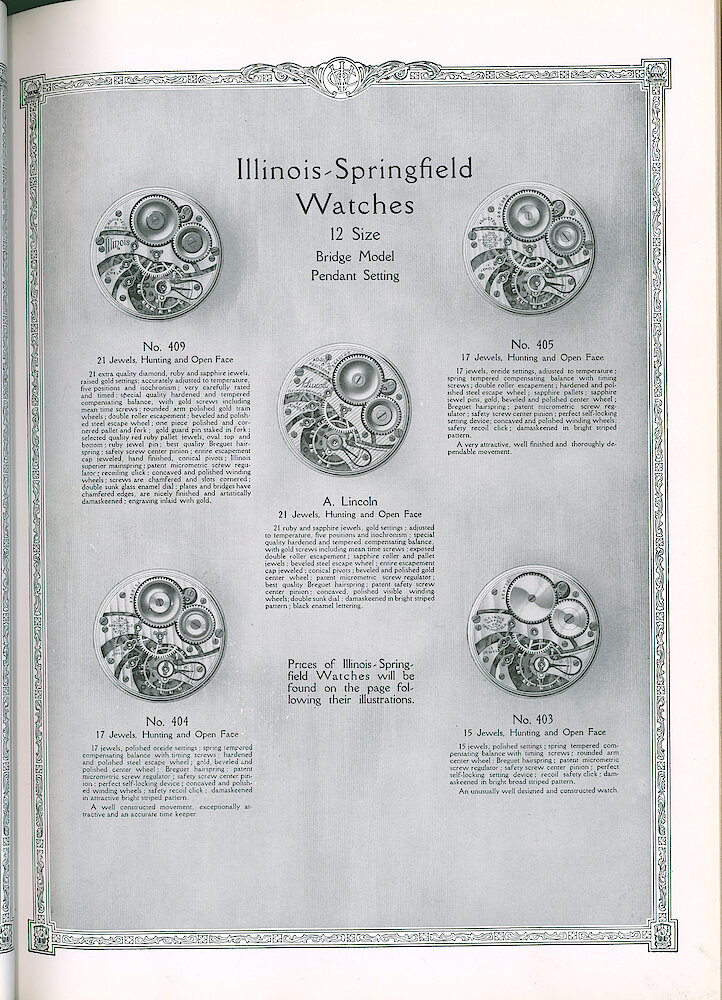 S. H. Clausin & Co. 1917 Catalog > 64-6-Illinois-5. Illinois-Springfield 12-size Watch Movements, Bridge Model, Pendand Setting: No. 409, 405, A. Lincoln, No. 404, 403.