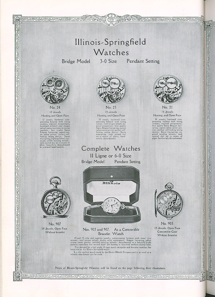 S. H. Clausin & Co. 1917 Catalog > 64-6-Illinois-6. Illinois-Springfield Watches, Bridge Model 3/0-size: No. 24, 23, 21, 907, 903. Complete Watches 11 Ligne Or 6/0-size Bridge Model Pendant Setting No. 903 And 907.