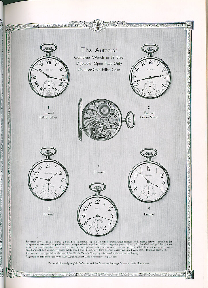 S. H. Clausin & Co. 1917 Catalog > 64-6-Illinois-7. The Autocrat Complete Watch In 12-size, 17-jewels, Open Face Only, 25-year Gold Filled Case – Five Models.