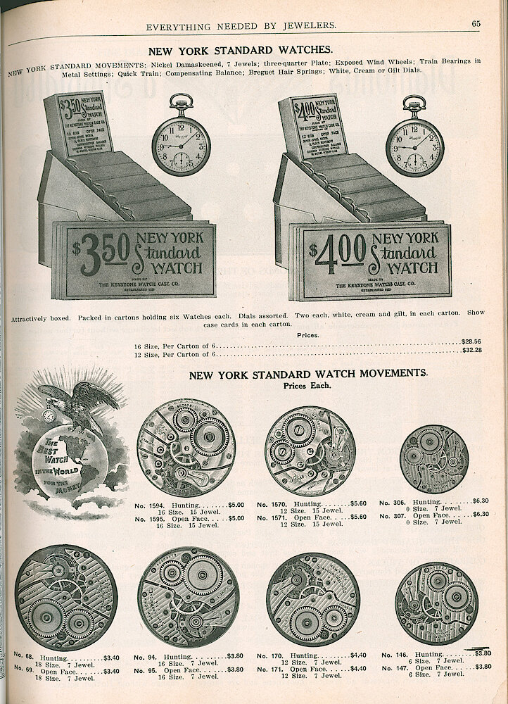 S. H. Clausin & Co. 1917 Catalog > 65. New York Standard Watches. Two 7-jewel Cased Models. New York Standard Watch Movements: 1594 And 1595 16-size, 1570 And 1571 12-size, 306 And 307 0-size, 68 And 69 18-size, 94 And 95 16-size, 170 And 171 12-size, 146 And 147 6-size.